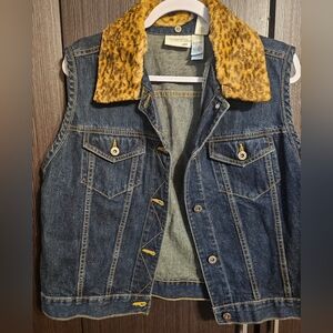 Liz Clairborne Denim Vest with Leopard Print Collar